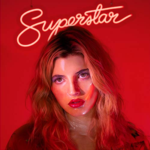 Red album cover featuring Caroline Rose with bright red lips and neon text.