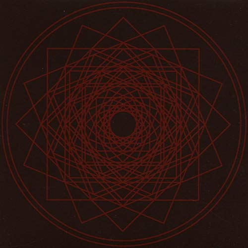 Red geometric design of concentric circles and squares on a dark background.