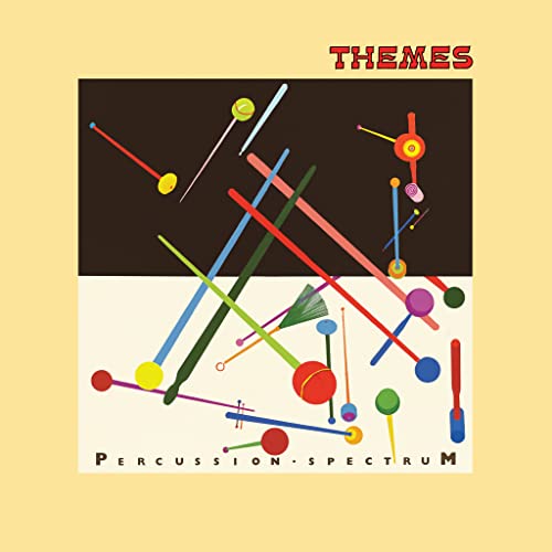 Album cover: abstract colorful drumsticks and percussion instruments on black and beige.