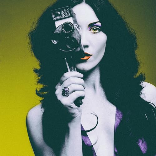 Woman with pale skin holding a vintage camera to her eye.