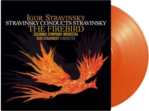 Stravinsky’s “The Firebird” vinyl record with orange disc and fiery artwork.