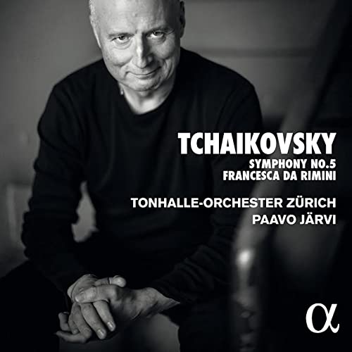 Black and white portrait of Paavo Järvi, CD cover for Tchaikovsky music.