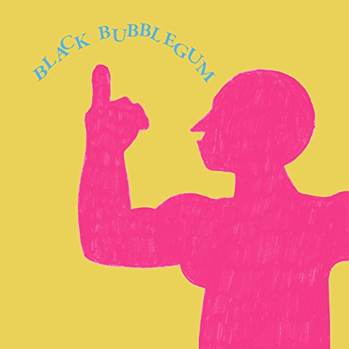 Pink silhouette of a person raising a finger against a yellow background.
