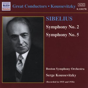 CD cover featuring conductor Serge Koussevitzky and text “SIBELIUS: Symphonies.”
