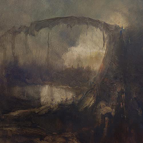 Dark, atmospheric painting of a rocky chasm with a distant light.