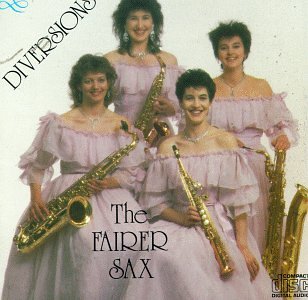 Four women in lavender gowns playing golden saxophones, CD cover.