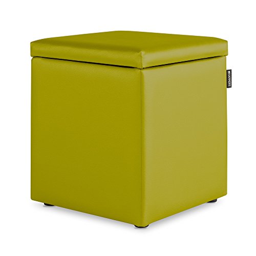 Green cushioned storage ottoman on a white background.