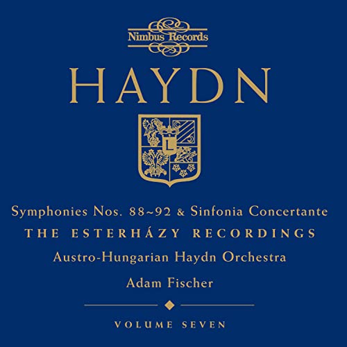 CD cover for Haydn symphonies, featuring a gold crest on navy blue.