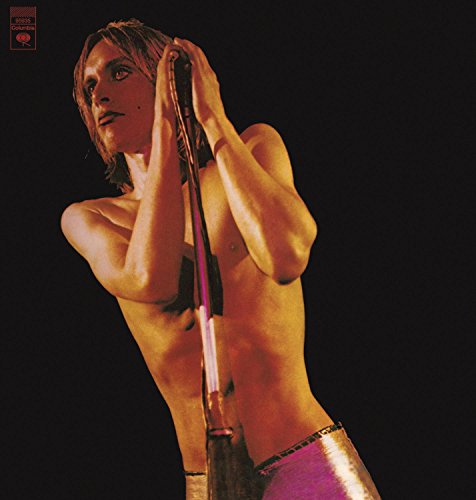 Iggy Pop album cover, shirtless performer with a microphone, warm tones.