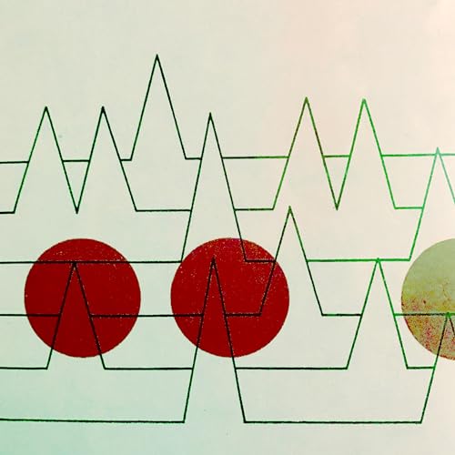 Abstract album cover with green mountain shapes and red circles.