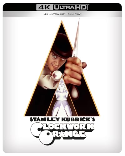 A Clockwork Orange 4K Ultra HD Blu-ray cover featuring a man holding a knife.
