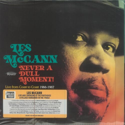 Les McCann album cover, "Never A Dull Moment!", featuring a portrait.