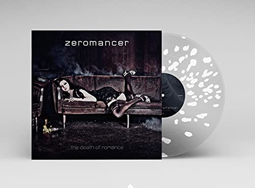 Zeromancer album cover with a woman and a white splatter vinyl record.