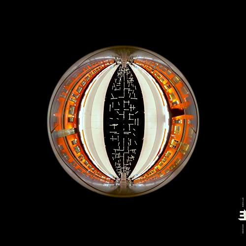 Black and white abstract image of a sphere with text inside.