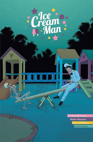 Comic book cover: Ice Cream Man sits on a seesaw with a skeleton.