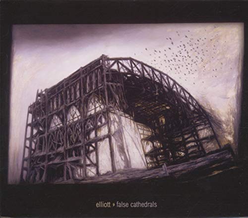 Painting of a skeletal cathedral structure against a cloudy sky.