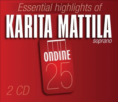 Red album cover for Karita Mattila’s “Highlights” CD, with white text.