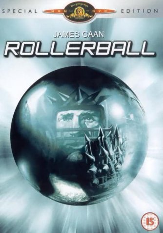 DVD cover for “Rollerball” featuring James Caan within a metallic sphere.