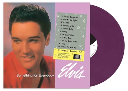 Purple vinyl record with Elvis Presley portrait and tracklist on sleeve.