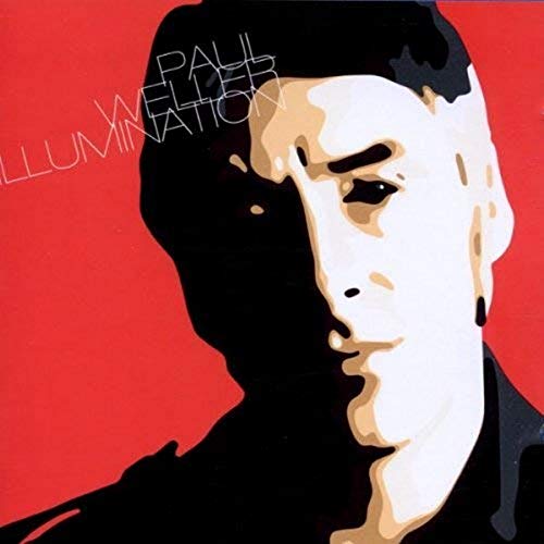 A stylized illustration of a man's face against a red background with white text.