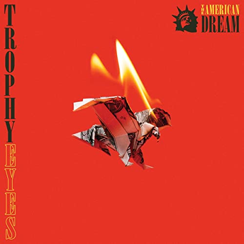 Red album cover with a burning paper airplane made of money.