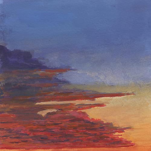 Abstract painting with layered blues, reds, and yellows, resembling landscape.