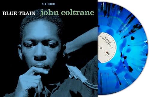 John Coltrane’s “Blue Train” vinyl record with blue and black swirl pattern.