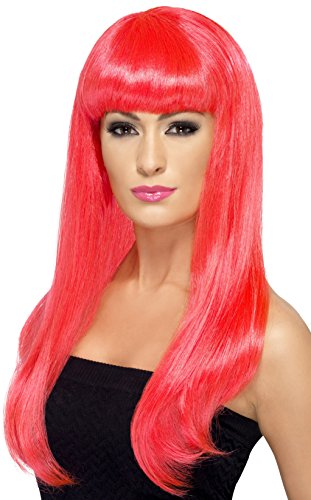 Smiffys Babelicious Wig Long Straight with Fringe - Neon Pink