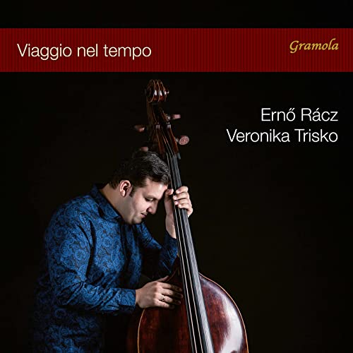 Man embracing a large brown double bass, album cover for "Viaggio Nel Tempo".