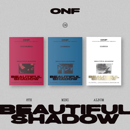 ONF’s “Beautiful Shadow” album covers: red, blue, and white variations.