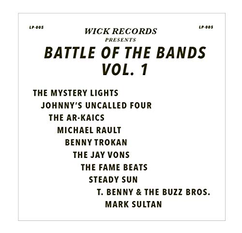 Black and white vinyl record cover listing band names in text.