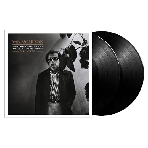 Van Morrison album cover and vinyl record, black and white portrait.