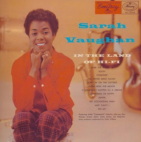 Sarah Vaughan album cover, "In The Land Of Hi-fi", with saxophone illustration.