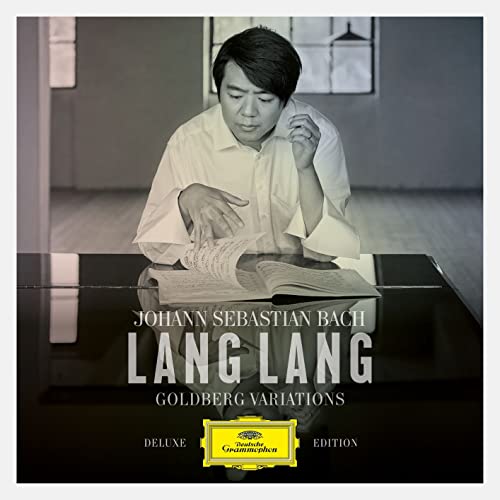 Lang Lang portrait with sheet music, album cover for Bach’s Goldberg Variations.