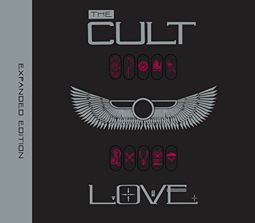 The Cult Love album cover features a winged sun symbol, text, and occult icons.