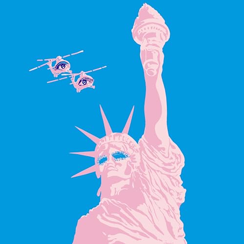 Pink Statue of Liberty with two eye-emblazoned helicopters above.