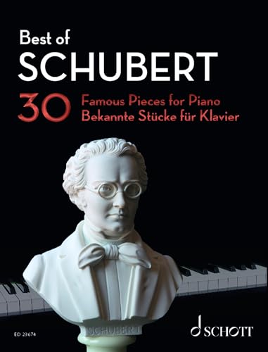 Music book cover featuring a Schubert bust and piano keys on a black background.