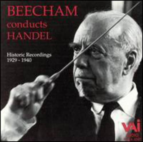 Black and white portrait of conductor Sir Thomas Beecham with baton.