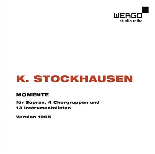 CD cover for Stockhausen’s “Momente,” featuring red text on gray background.