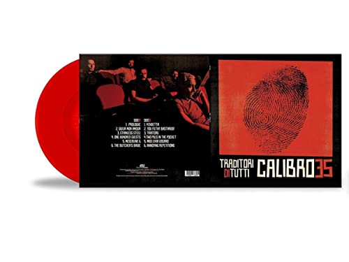 Red vinyl record with album artwork featuring a fingerprint and group photo.