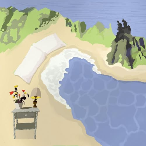 Overhead view of a wave approaching a beach with furniture.