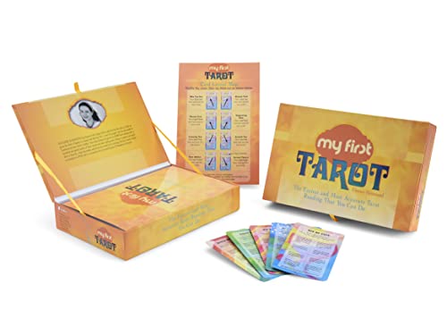 Orange tarot card deck with guidebook, open box showing cards inside.