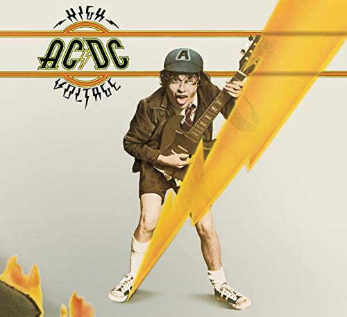 AC/DC “High Voltage” album cover featuring a guitarist with a lightning bolt.