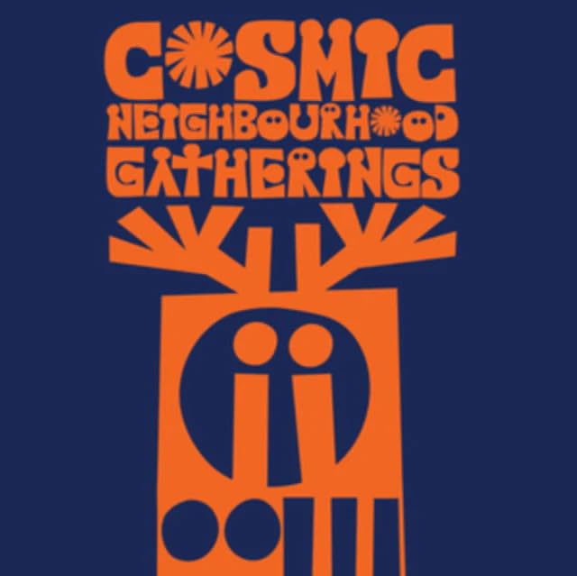 Orange and navy album cover with stylized text and abstract shapes.