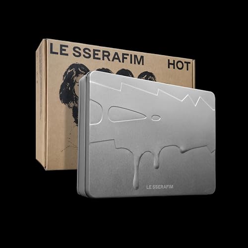 LE SSERAFIM “HOT” album: a tan box and silver, textured tin case.
