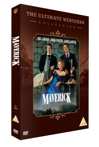 Maverick DVD case featuring Mel Gibson, Jodie Foster, and James Garner in period clothing.