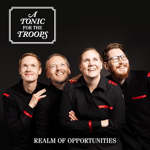 Four people in black shirts with red accents, album artwork.