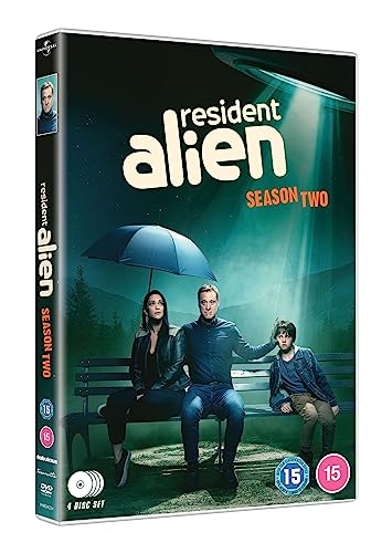 DVD cover for "Resident Alien" Season Two, featuring three people.