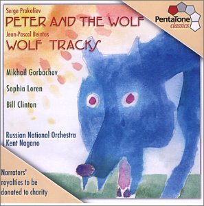 CD cover for Prokofiev’s “Peter and the Wolf” featuring a blue wolf illustration.