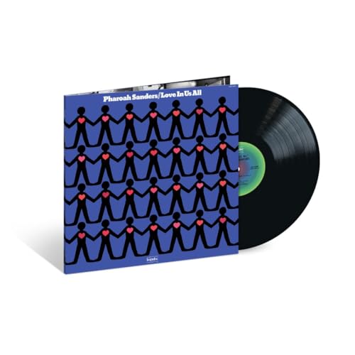 Pharoah Sanders vinyl record with blue cover featuring linked figures.